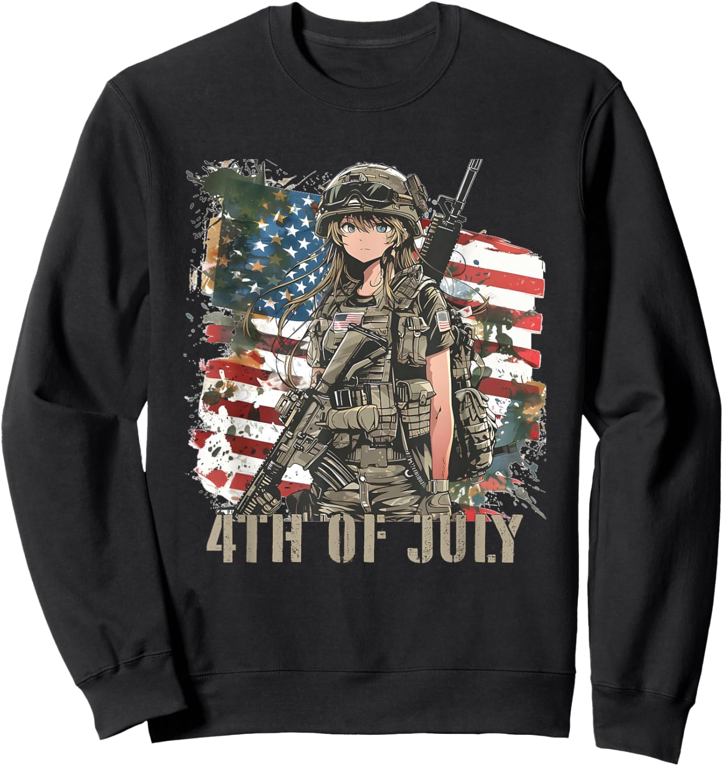 4th Of July Military Anime Girl Patriotic Kid Women USA Flag Sweatshirt - Sweatshirt | Black