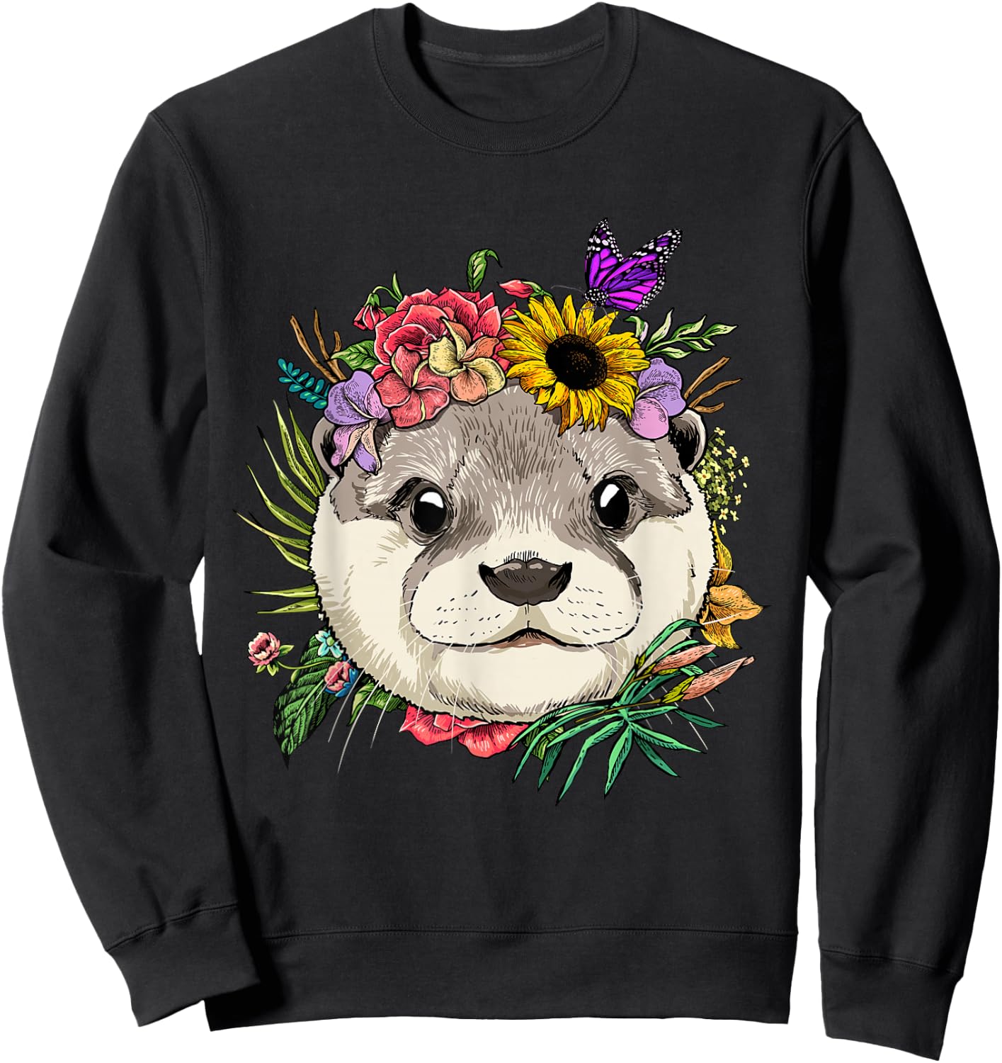 Floral Otter Spring Nature Otter Animal Lovers Sweatshirt - Sweatshirt | Black