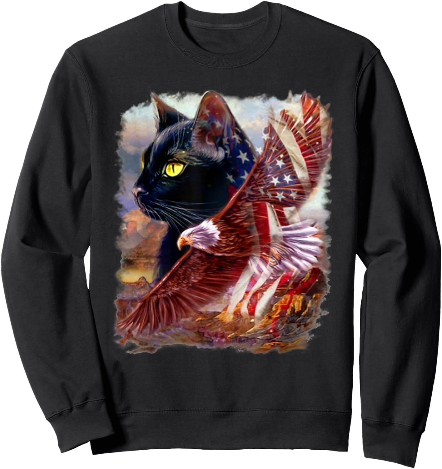Black Cat Kitten American Flag Eagle 4th July Independence Men Sweatshirt - Sweatshirt | Black