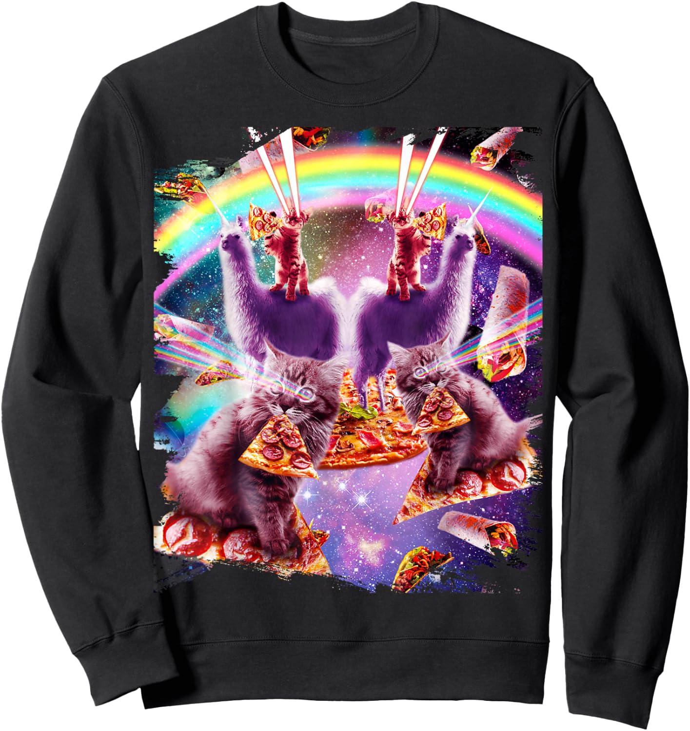Laser Pizza Cat On Llama, Lazer Kitty Cats In Rainbow Space Sweatshirt - Sweatshirt | Black