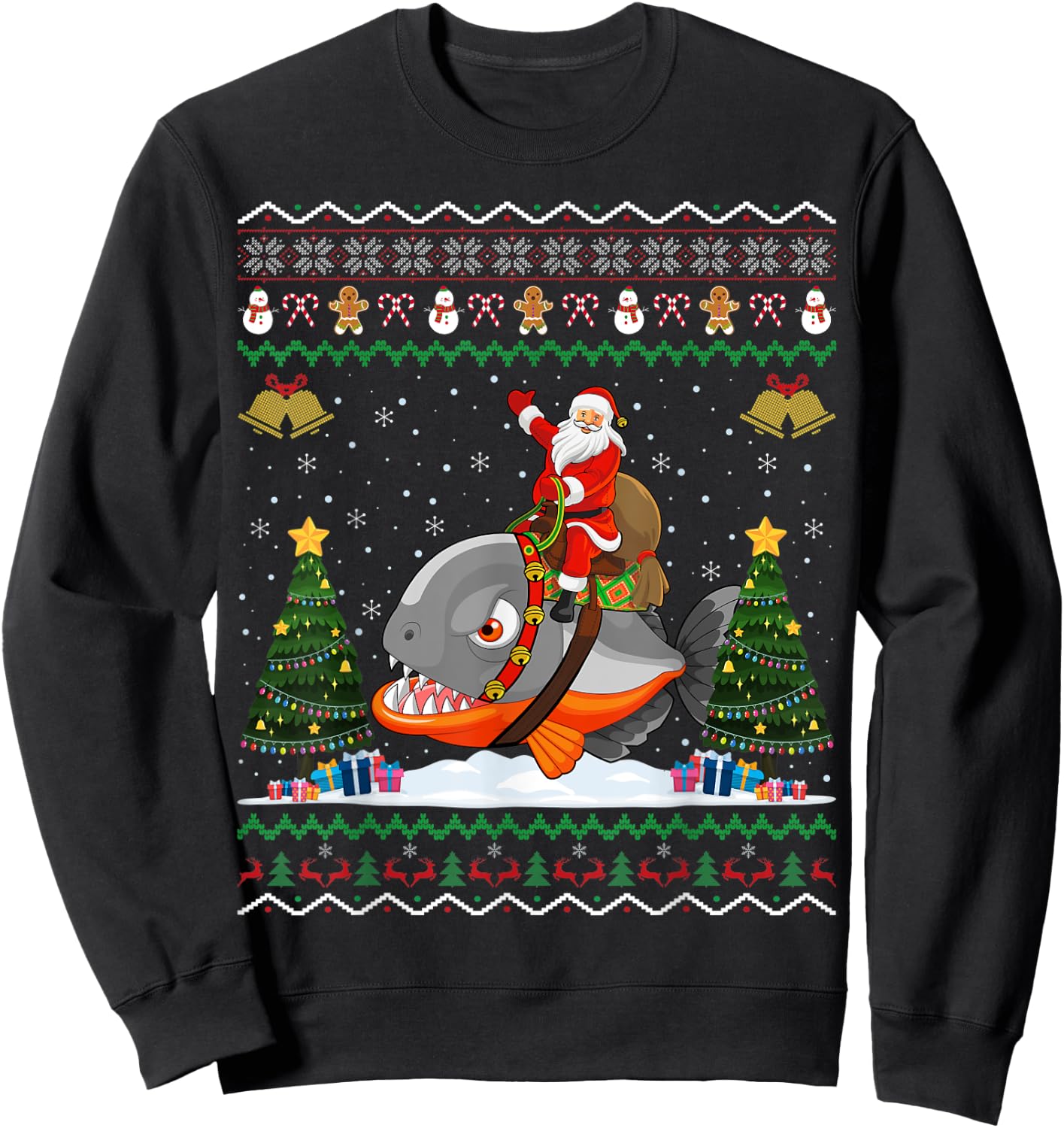 Piranha Ugly Xmas Gift Santa Riding Piranha Christmas Sweatshirt - Sweatshirt | Black