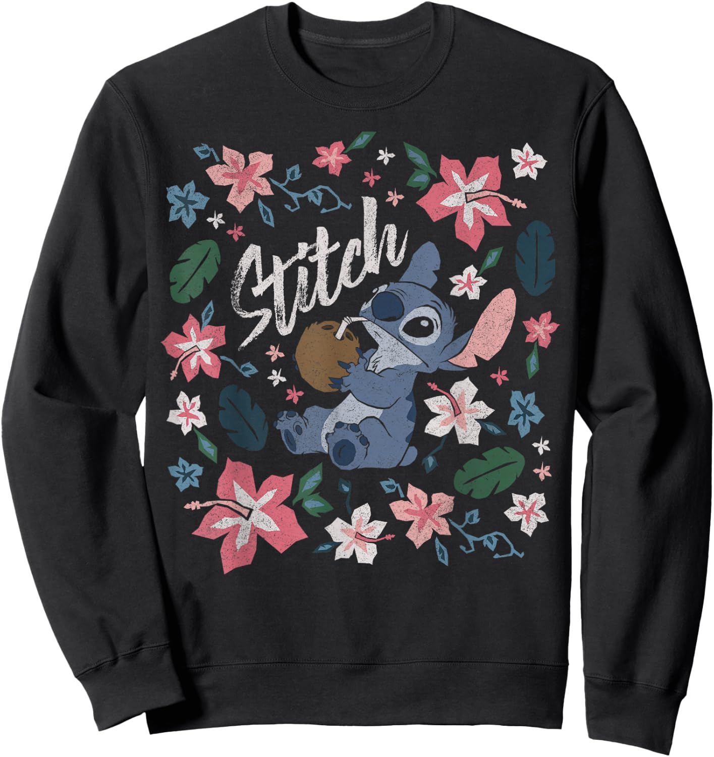 Disney Lilo & Stitch Floral Stitch Coconut Portrait Short Sleeve Sweatshirt - Sweatshirt | Black
