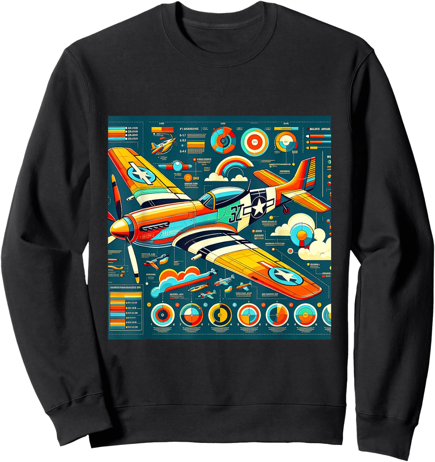 P51 Mustang WW2 Warplane Airplane Infographics Sweatshirt - Sweatshirt | Black