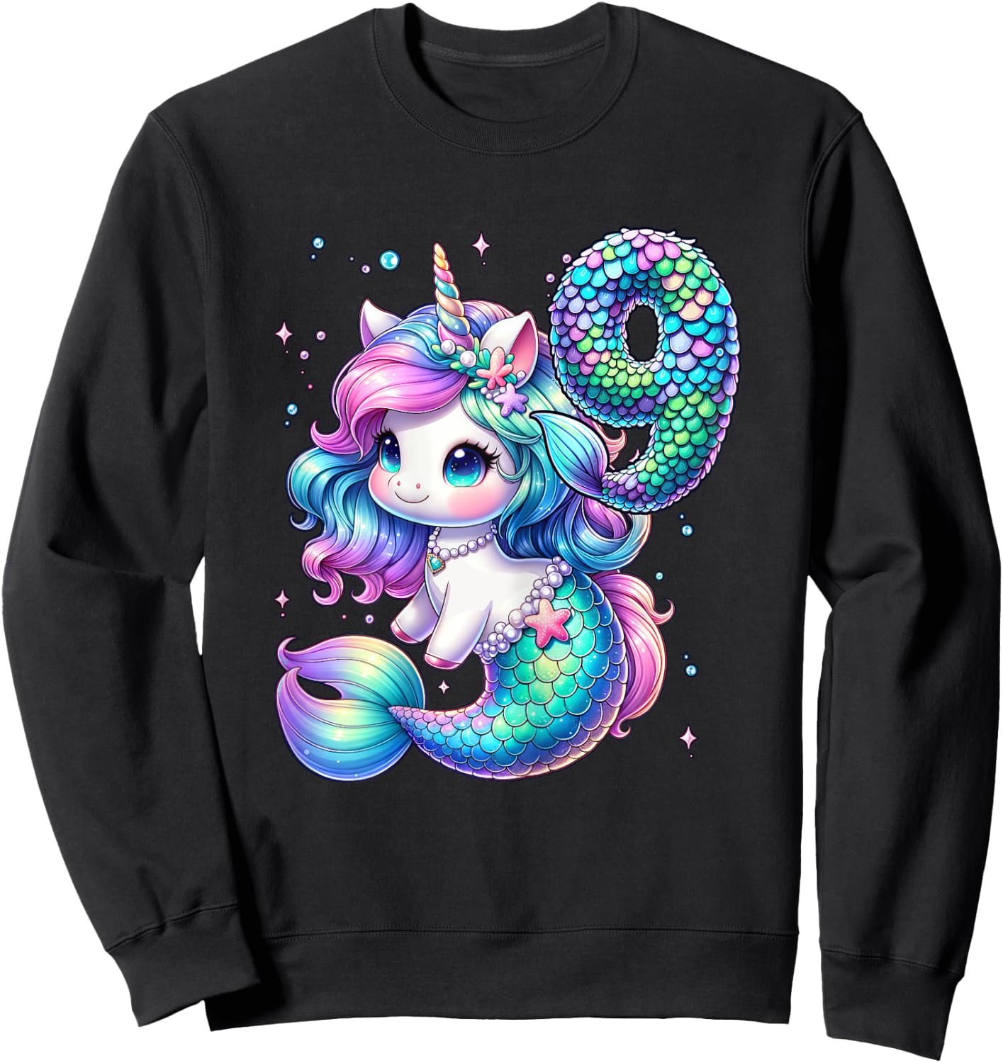 Unicorn Mermaid 9th Birthday 9 Year Old Party Girls Outfit Sweatshirt - Sweatshirt | Black