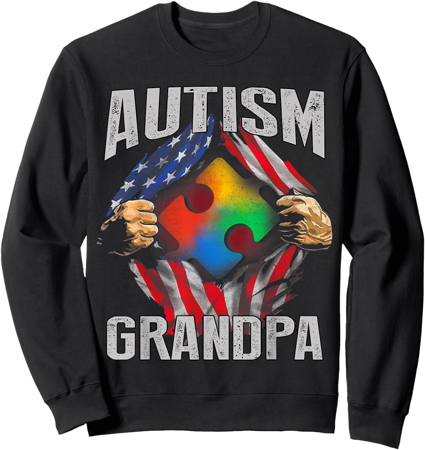Autism Grandpa American Flag Autism Awareness Sweatshirt - Sweatshirt | Black