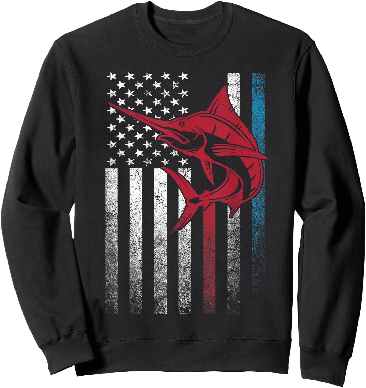 Fishing Marlin Swordfish Fish 4th of July American Flag USA Women Kids Men Sweatshirt - Sweatshirt | Black