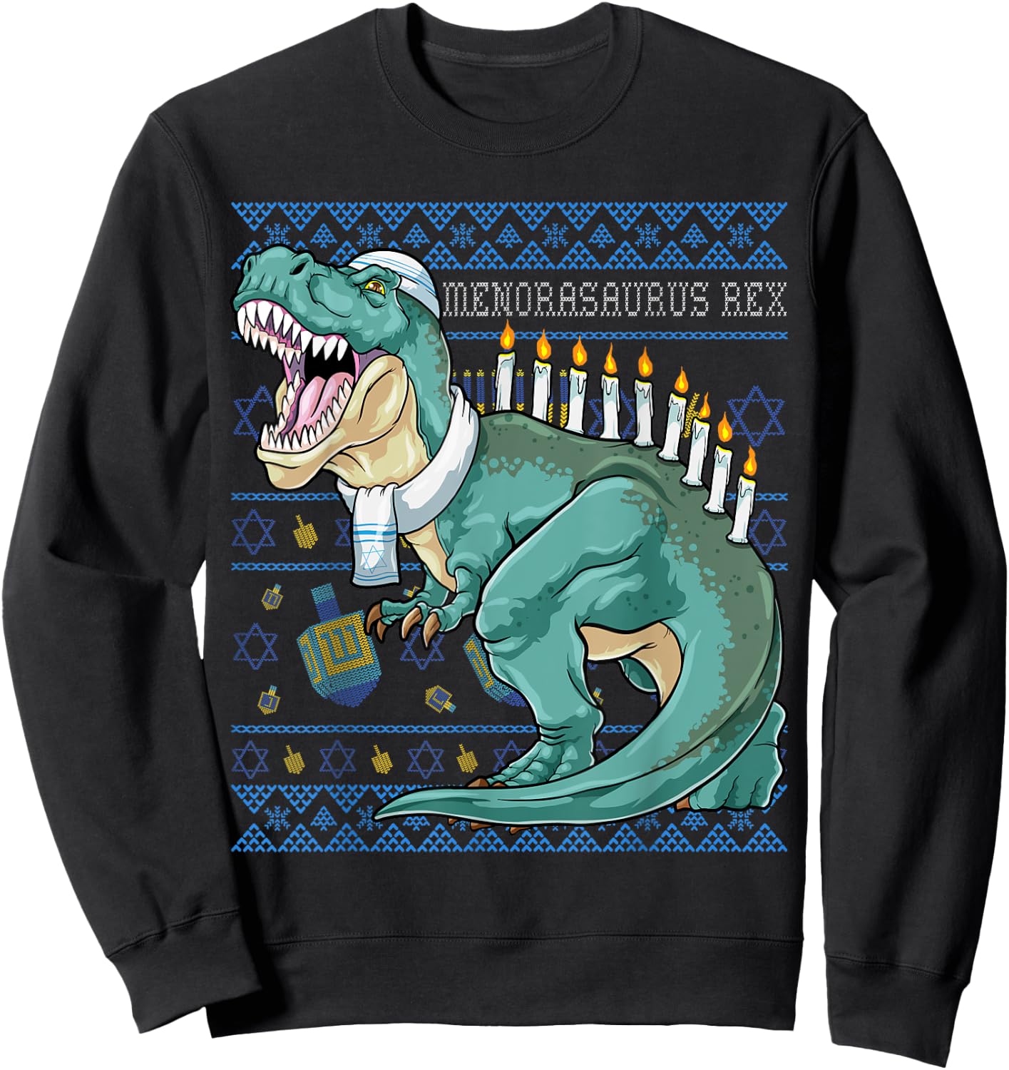 Menorasaurus Rex Hanukkah Shirt Jewish Dinosaur Menorah Sweatshirt - Sweatshirt | Black