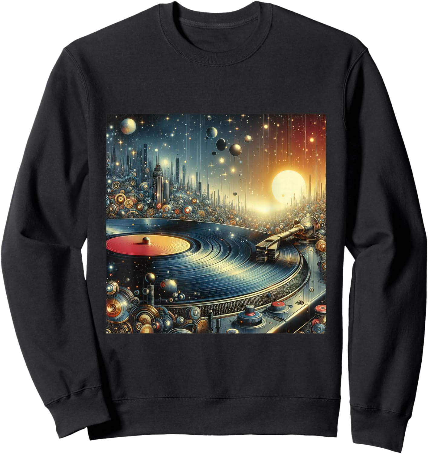 Futuristic Space City Vinyl Record Player Sci-Fi Cityscape Sweatshirt - Sweatshirt | Black