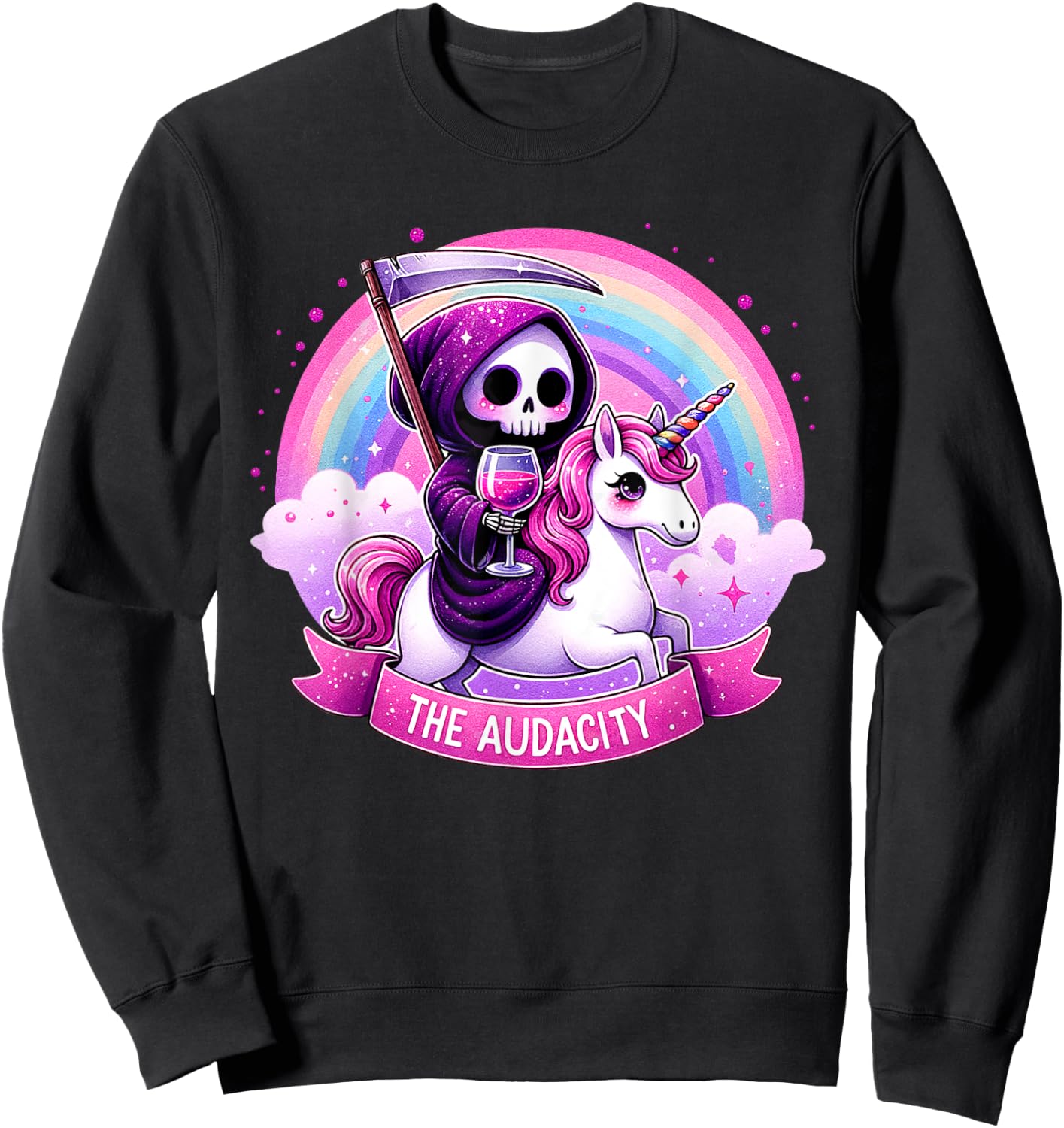 The Audacity Skeleton Riding Unicorn Rainbow Halloween Women Sweatshirt - Sweatshirt | Black