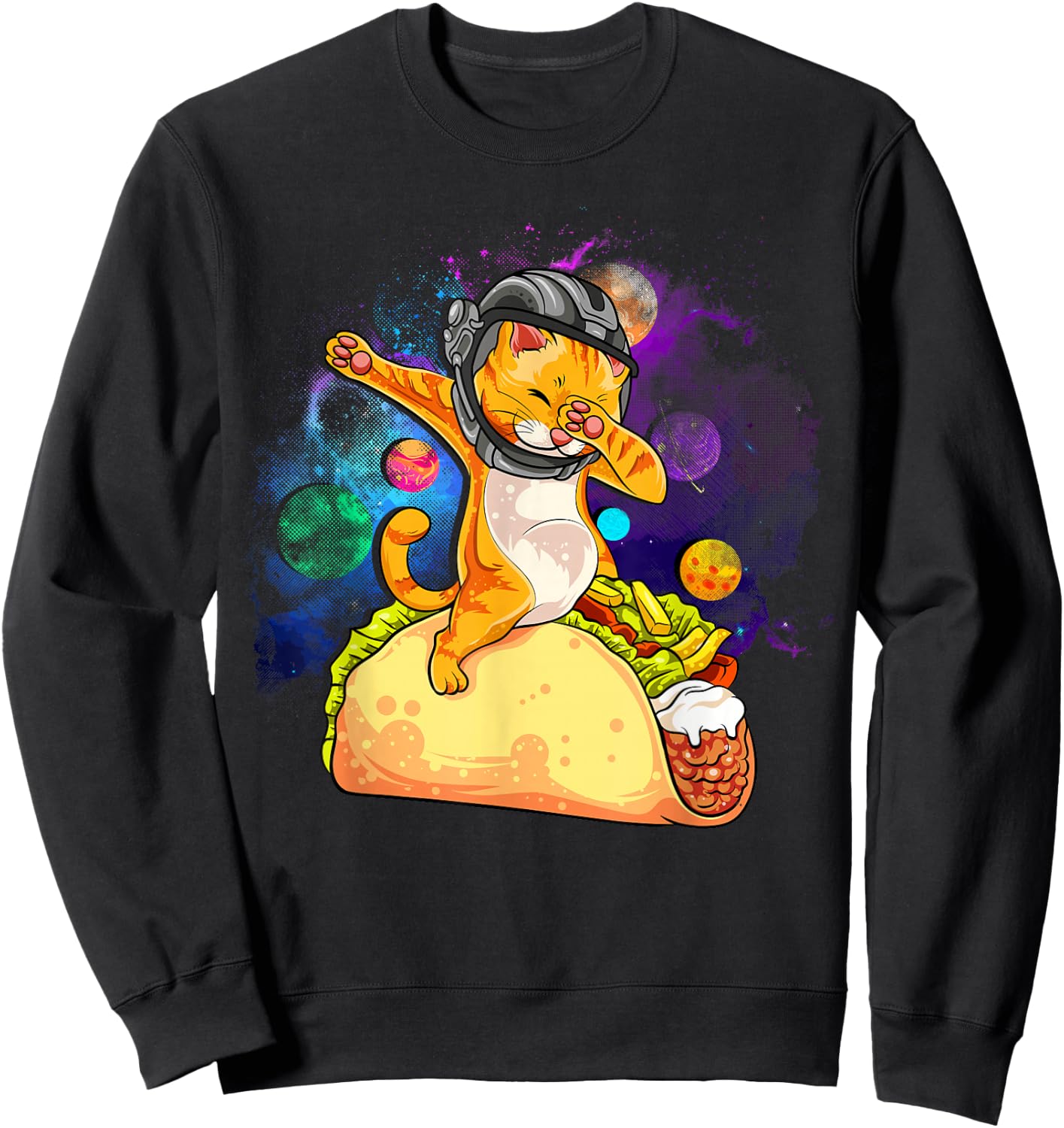 Funny Dabbing Cat Astronaut In Space Riding Taco Sweatshirt - Sweatshirt | Black
