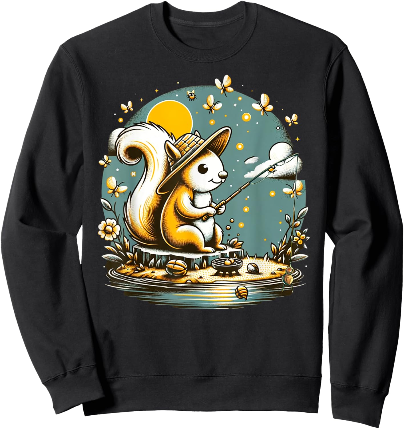 Fishing Squirrel Camping Starry Night Kids Sweatshirt - Sweatshirt | Black