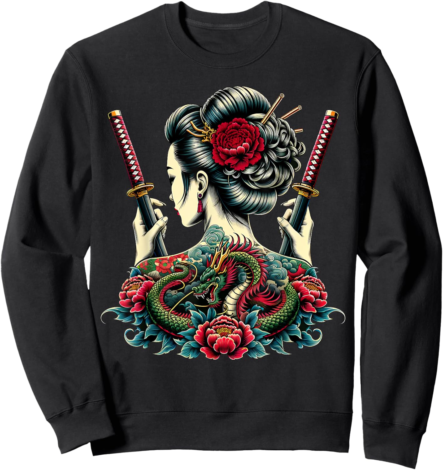 Geisha Warrior, Katana Sword with Peony flower Dragon Tattoo Sweatshirt - Sweatshirt | Black
