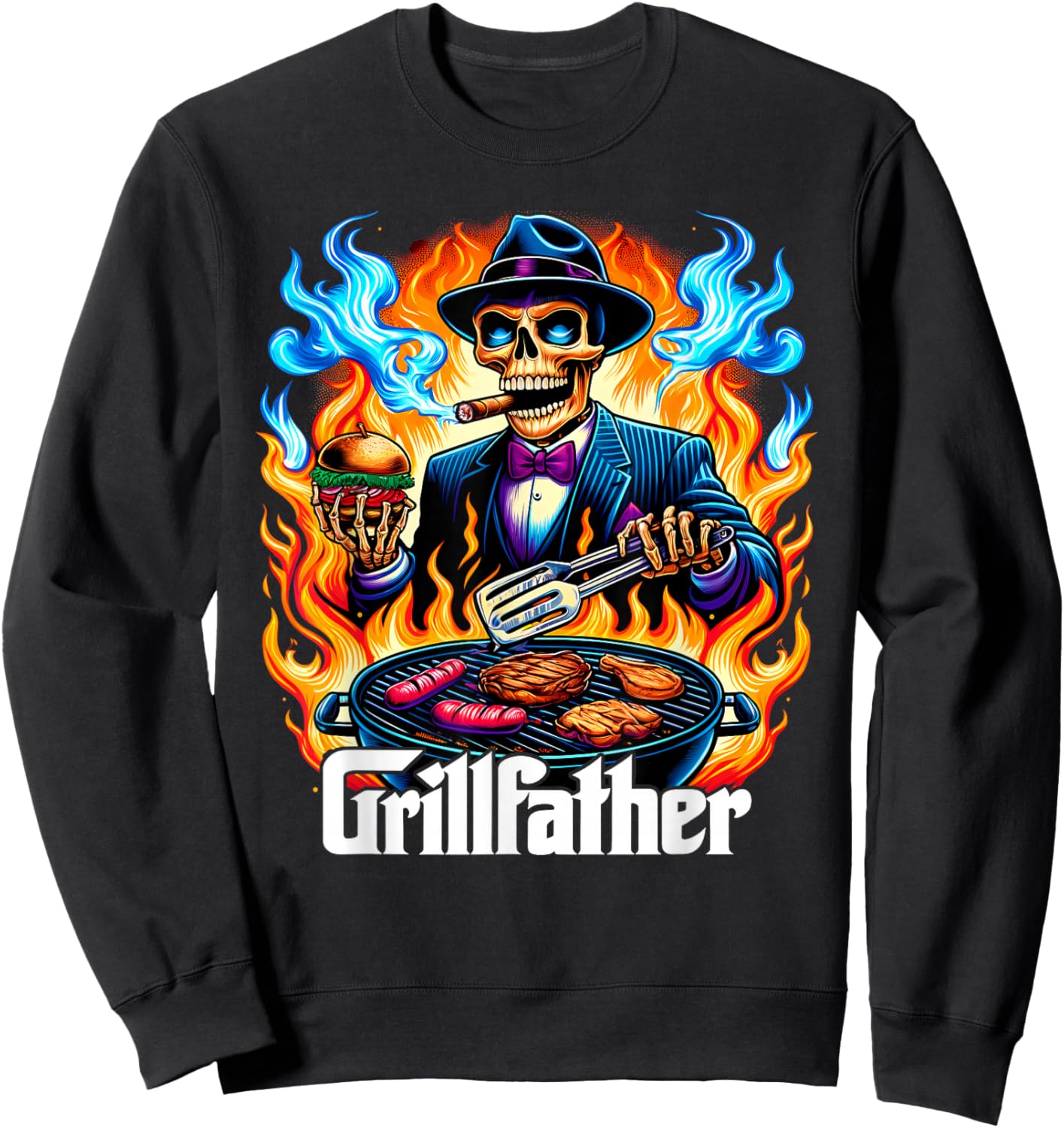 The Grillfather BBQ Grill & Smoker Barbecue Chef Skeleton Sweatshirt - Sweatshirt | Black