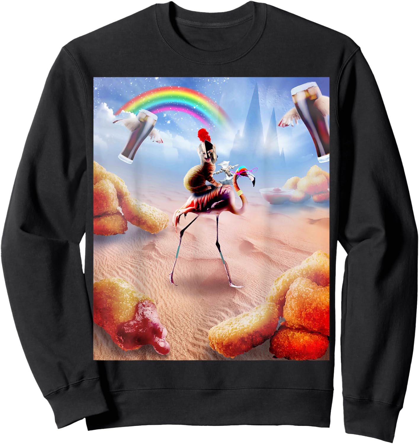 Cat Riding Flamingo With Chicken Nuggets And Cola Sweatshirt - Sweatshirt | Black
