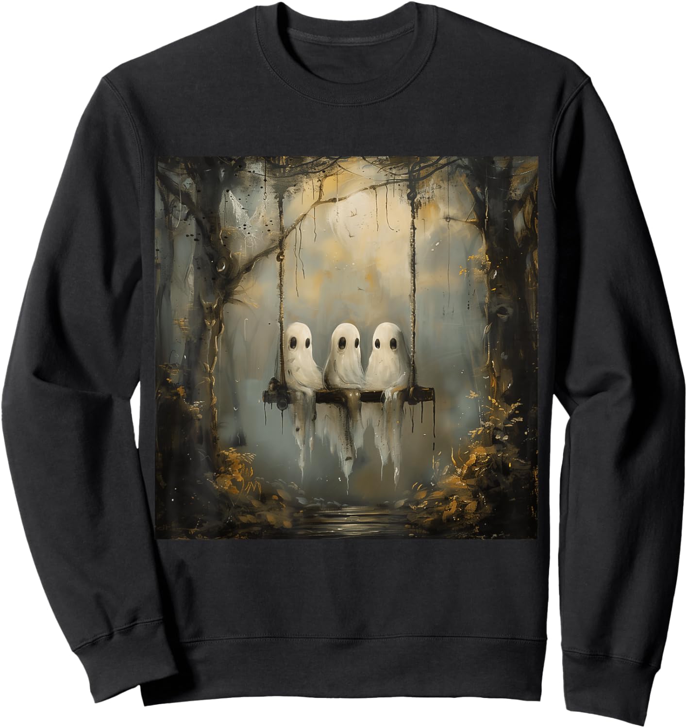 Vintage Floral Ghost On The Swing In Forest Halloween Gothic Sweatshirt - Sweatshirt | Black