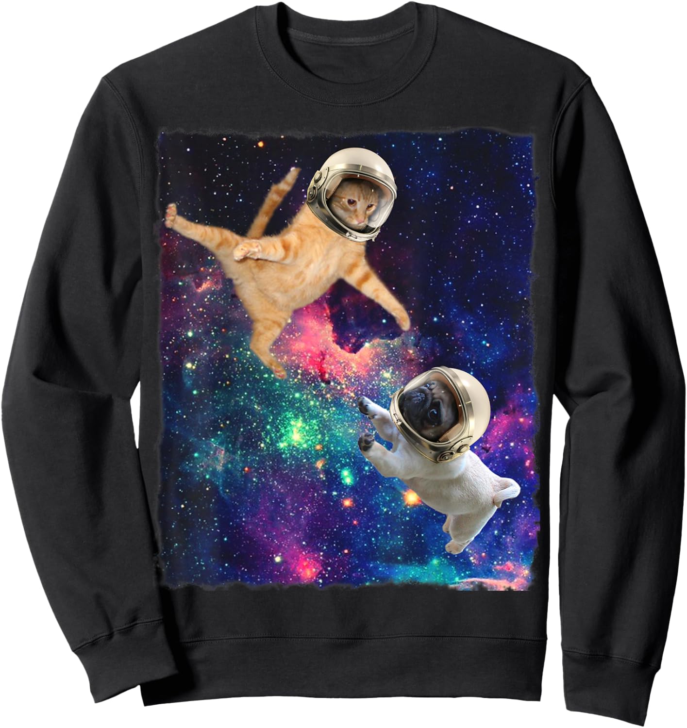 Cute Space Cat vs Pug Galaxy Epic Fight In Outer Space Sweatshirt - Sweatshirt | Black