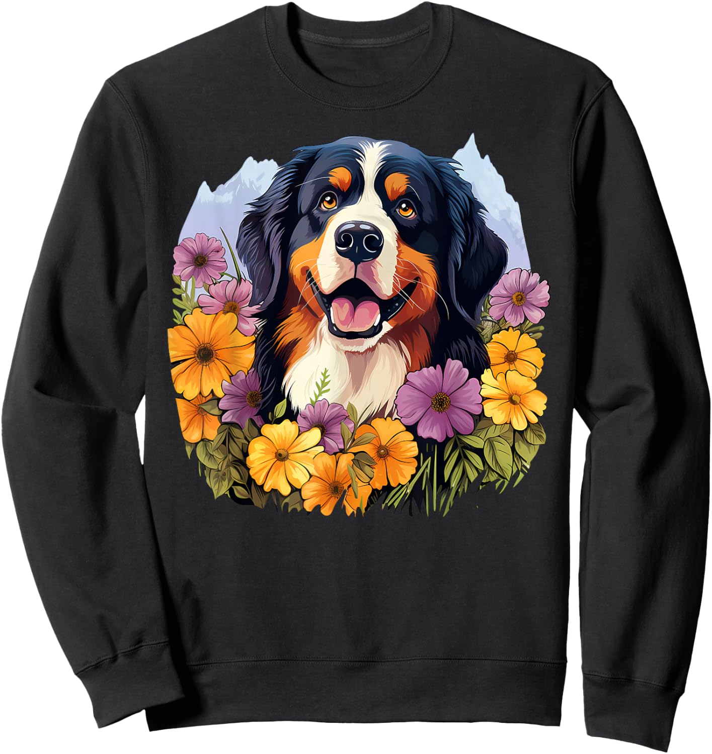 Cute Bernese Mountain Dog in Spring Flower Garden Puppy Men Women Girls Kids Sweatshirt - Sweatshirt | Black