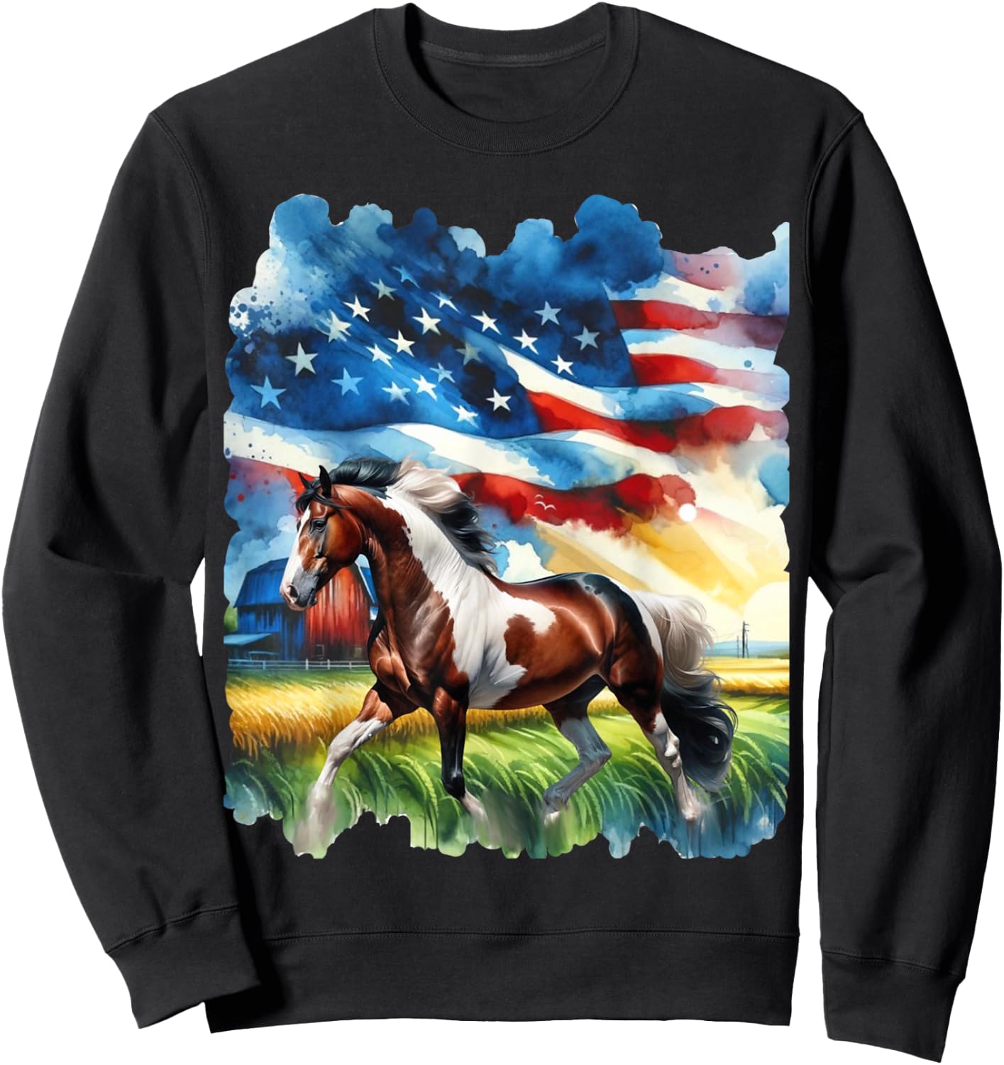 Patriotic Country Paint Horse with American Flag Women Kids Men Sweatshirt - Sweatshirt | Black