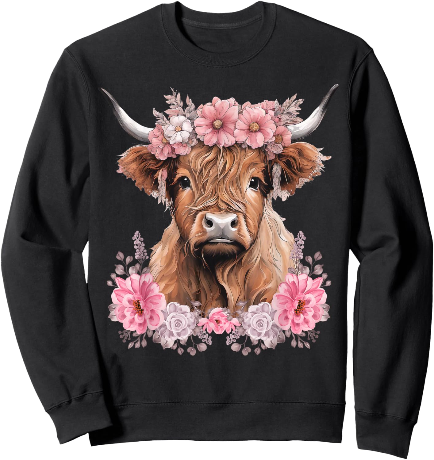 Cute Baby Highland Cow With flowers Calf Animal cow women Sweatshirt - Sweatshirt | Black
