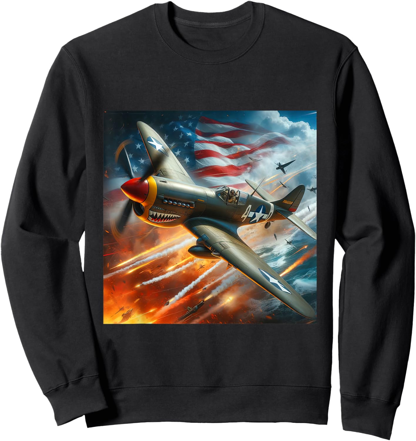 P-40 Warhawk | North American Aviation WW2 P40 US Flag Sweatshirt - Sweatshirt | Black