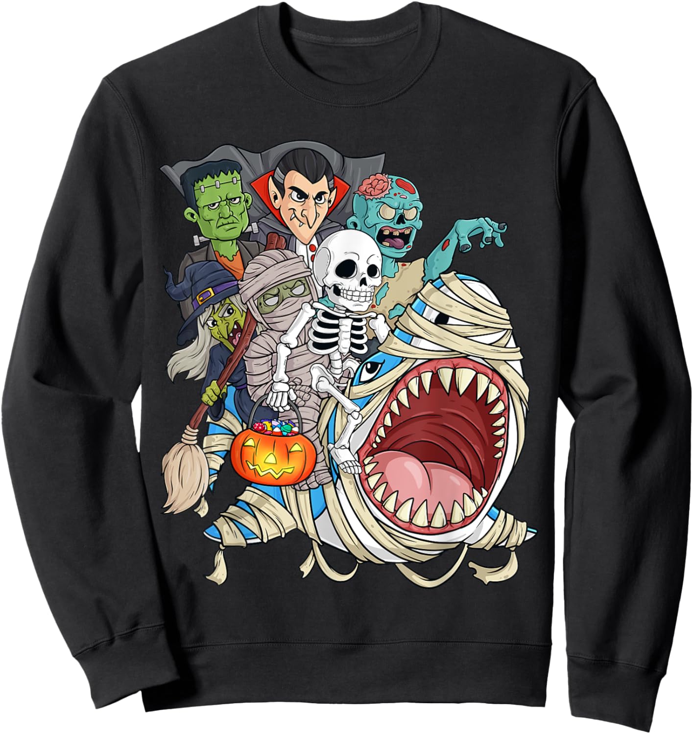 Skeleton Zombie Riding Mummy Shark Vampire Halloween Pumpkin Sweatshirt - Sweatshirt | Black