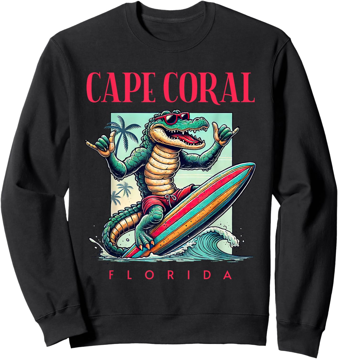 Cape Coral Florida Surfing Crocodile Beach Vacation Sweatshirt - Sweatshirt | Black