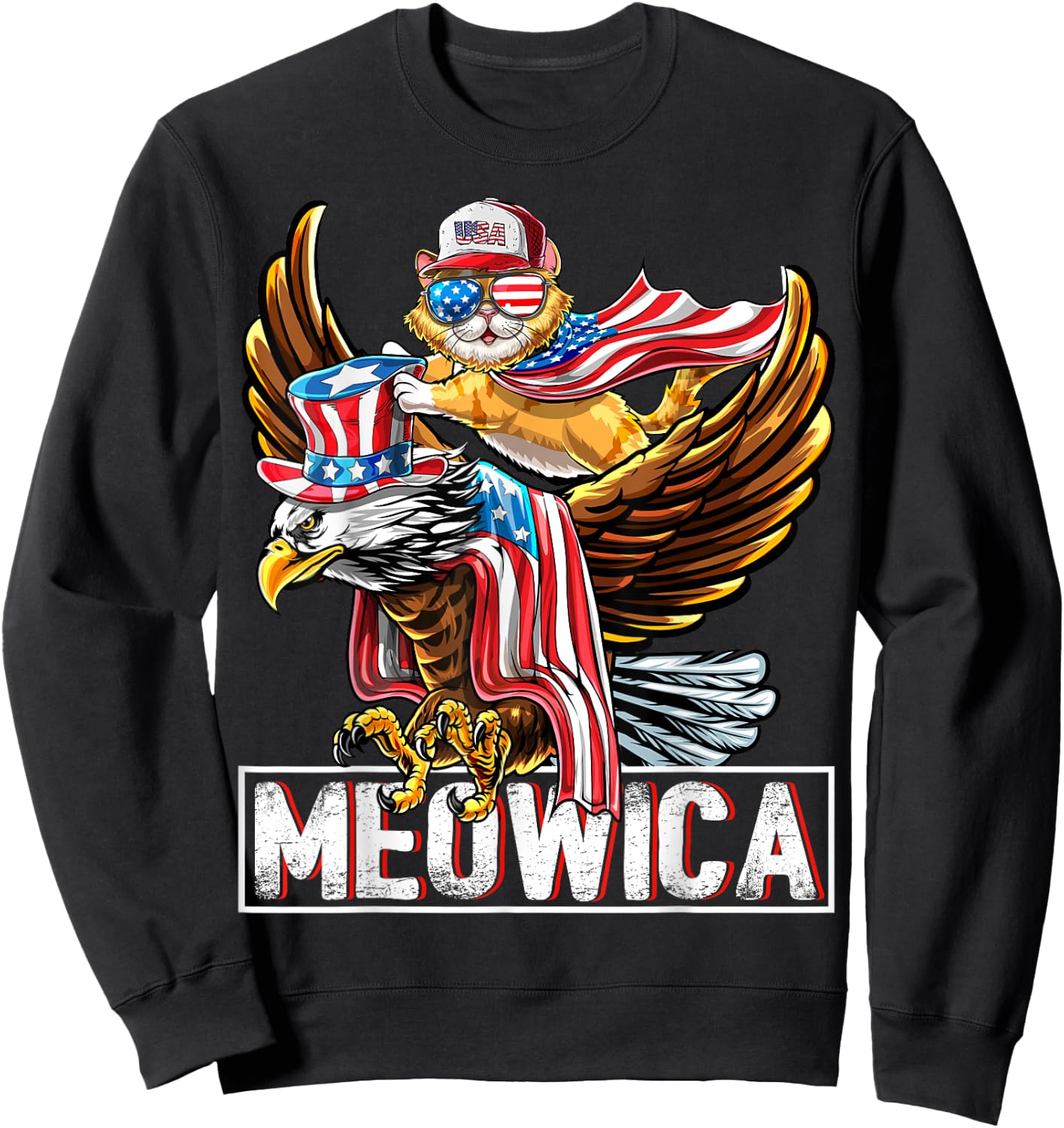 Meowica Cat Bald Eagle 4th of July Patriotic American Flag Women Kids Men Sweatshirt - Sweatshirt | Black