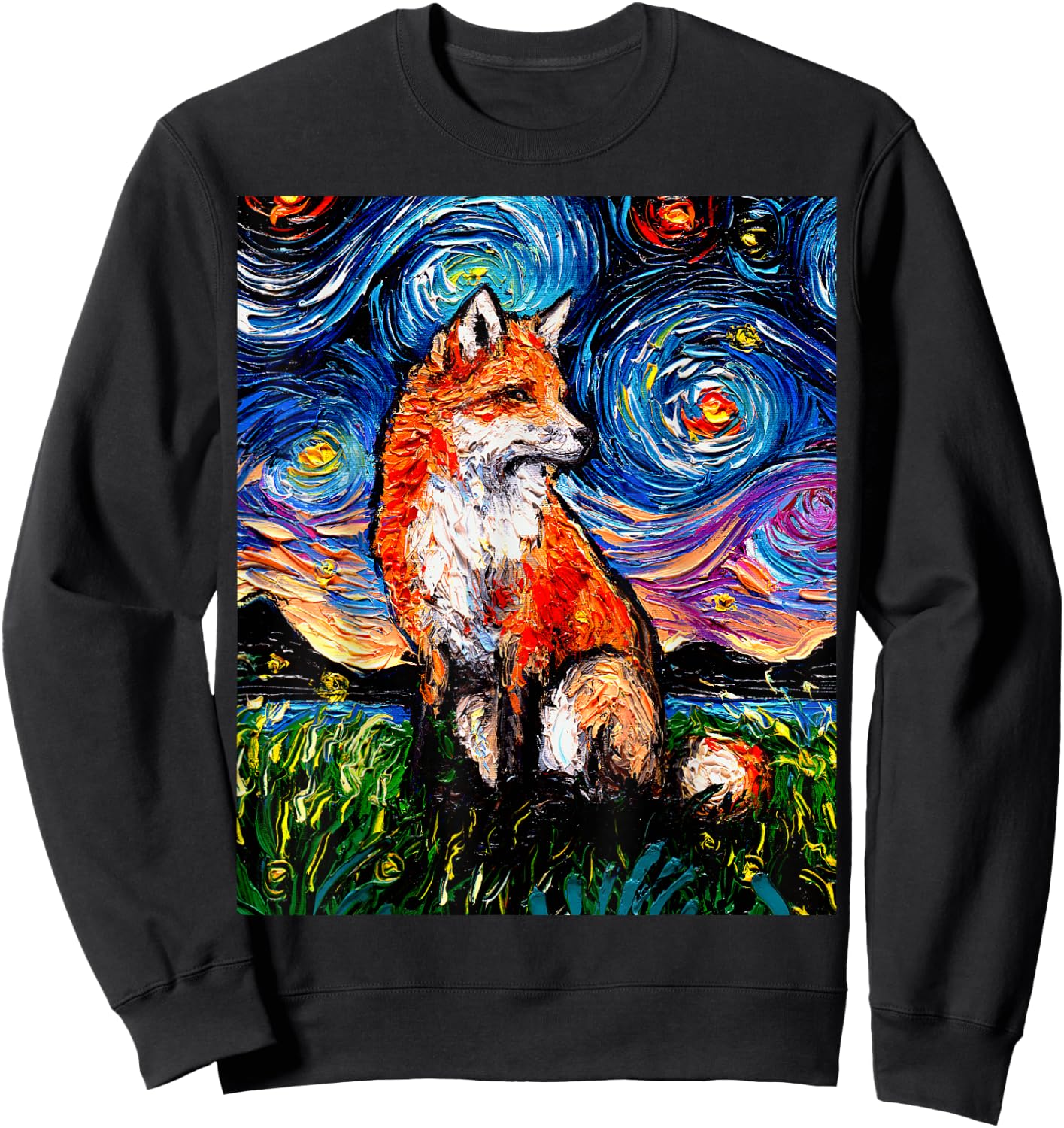 Red Fox Starry Night Animal Art by Aja Sweatshirt - Sweatshirt | Black