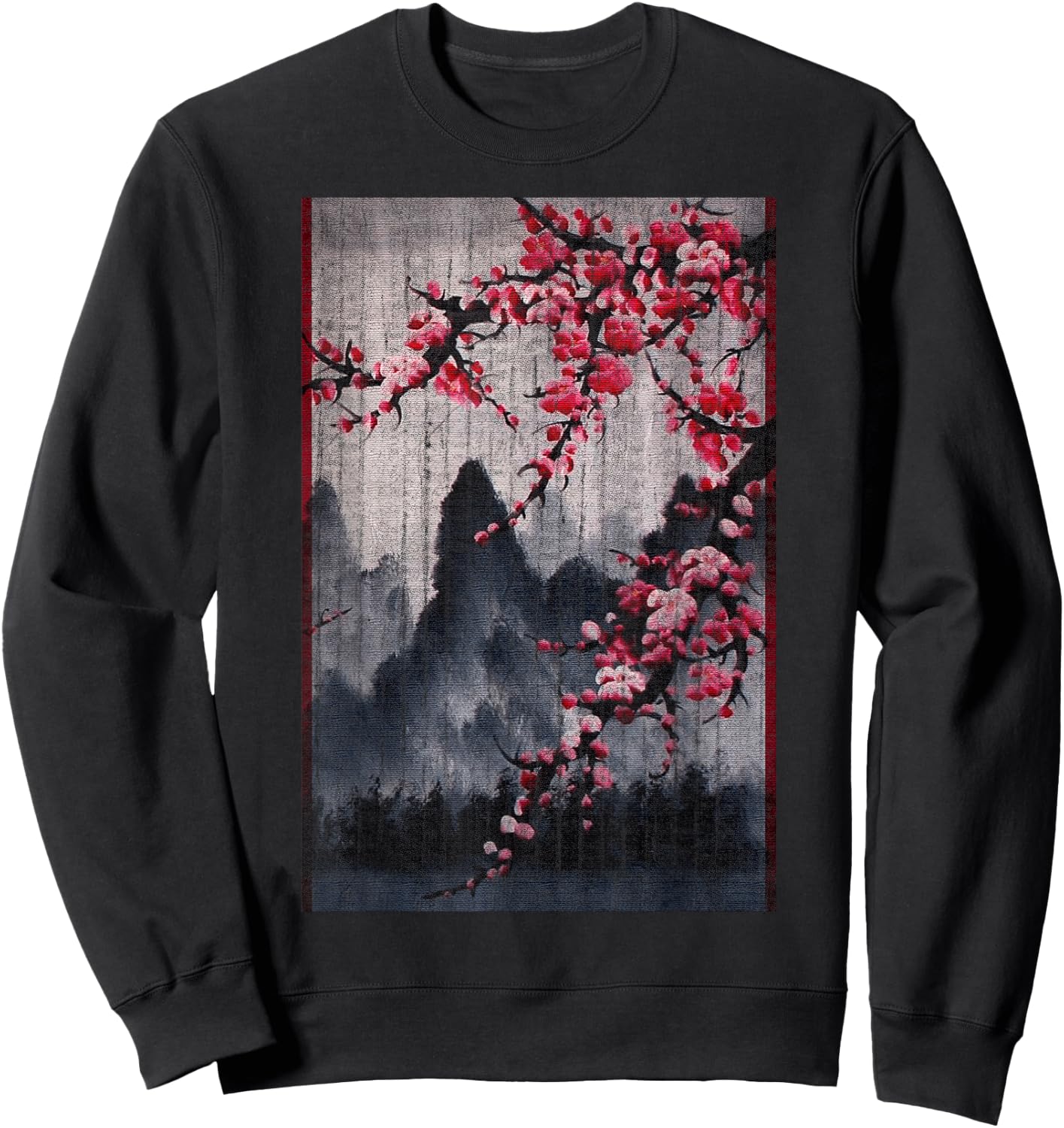 Vintage Cherry Blossom Woodblock Japanese Graphical Art Sweatshirt - Sweatshirt | Black