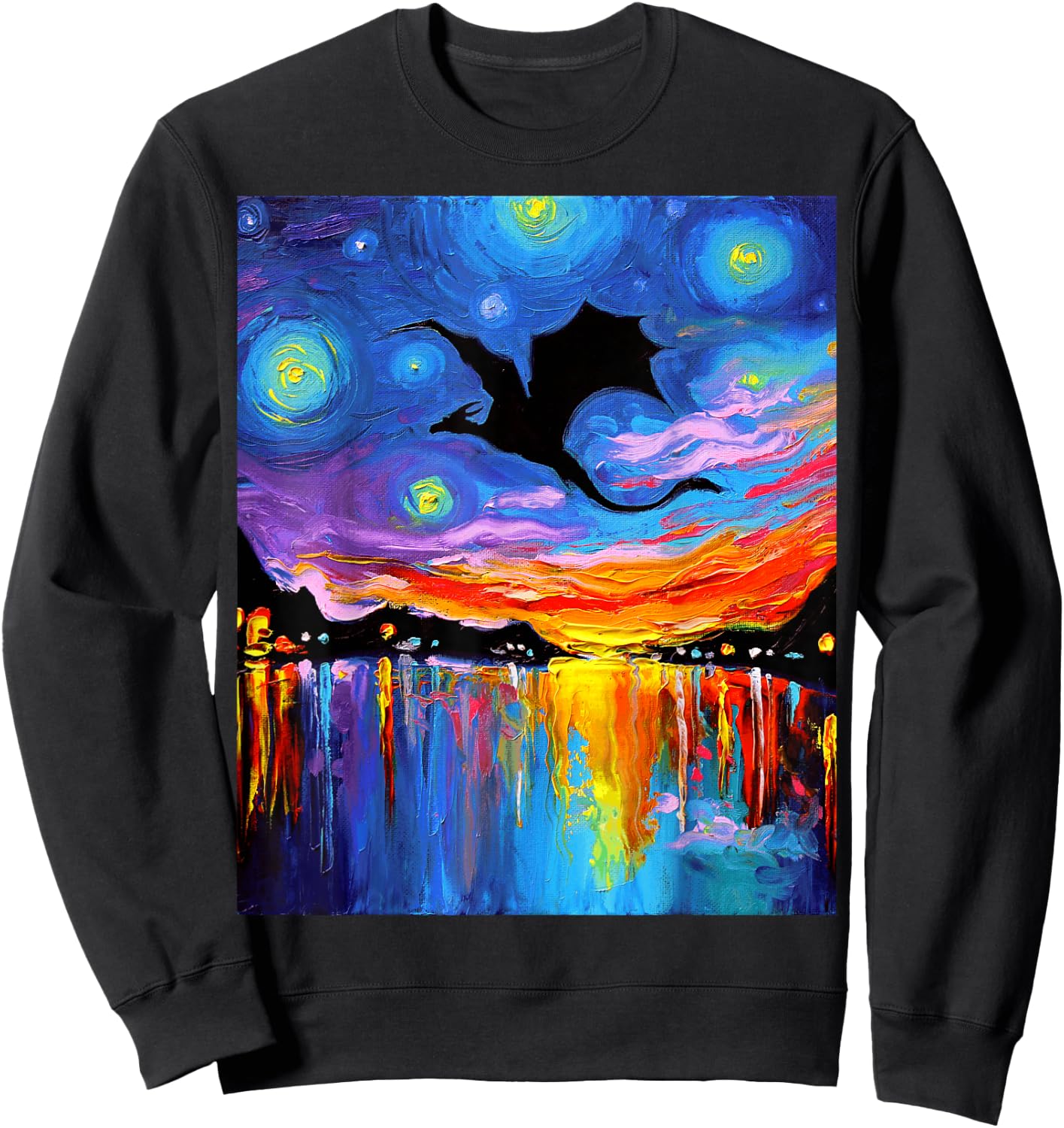 Flying Dragon Silhouette Sunset Starry Night Fantasy Art Sweatshirt - Sweatshirt | Black