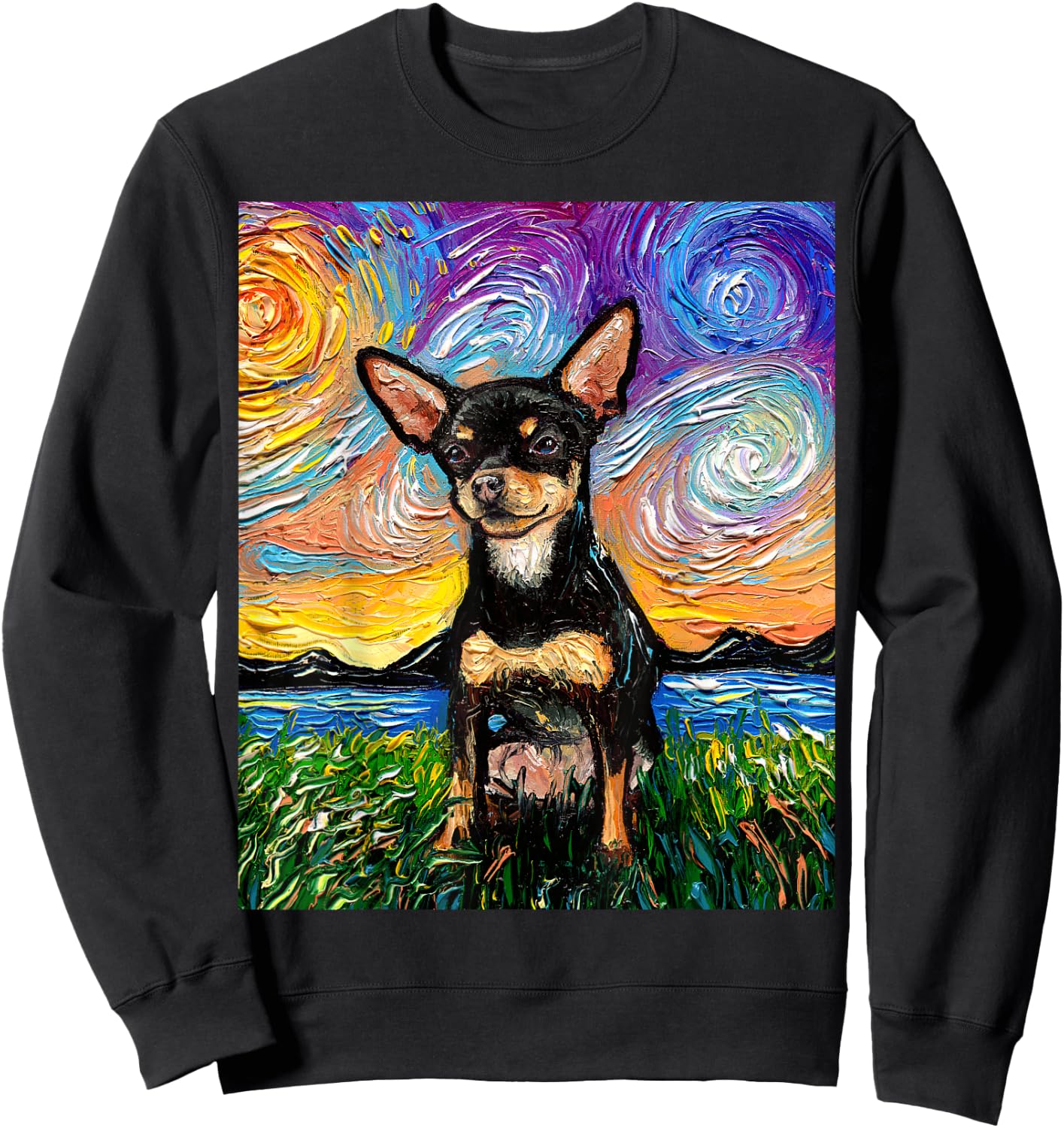 Black and Tan Smooth Chihuahua Starry Night Dog Artwork Sweatshirt - Sweatshirt | Black