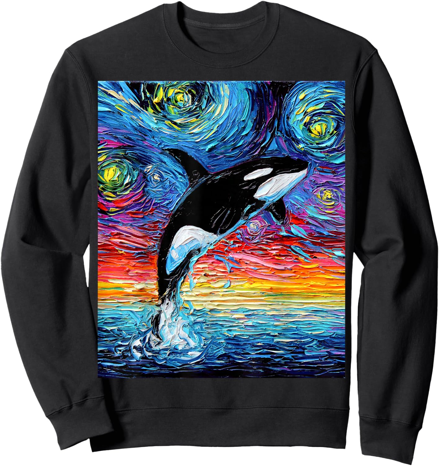 Orca Killer Whale Starry Night Colorful Ocean Art by Aja Sweatshirt - Sweatshirt | Black