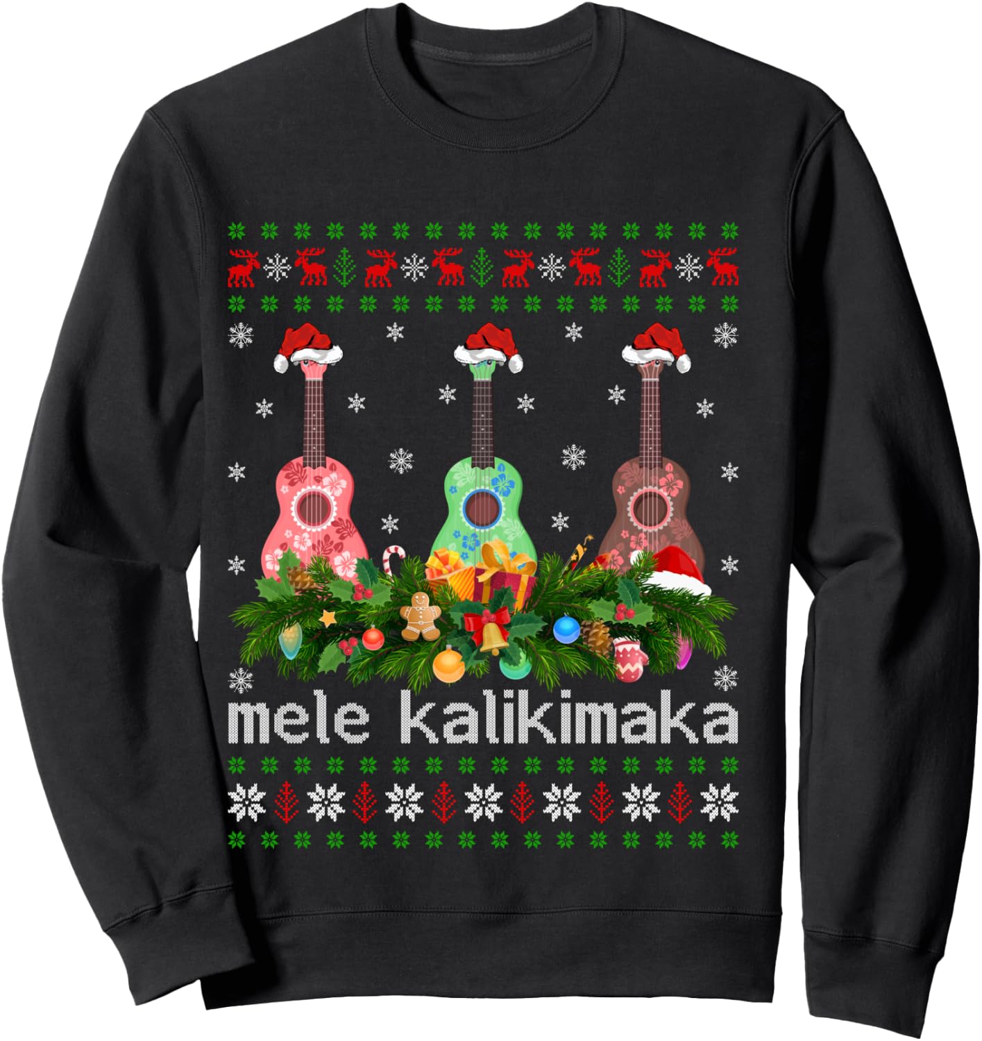 Mele Kalikimaka Ukulele Guitar Gift Ugly Ukulele Christmas Sweatshirt - Sweatshirt | Black