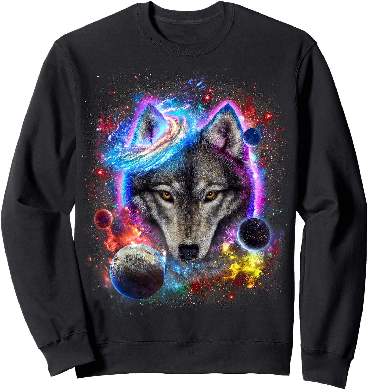 Cosmic Wolf Surrounded by Planet and Stars in Galactic Scene Sweatshirt - Sweatshirt | Black