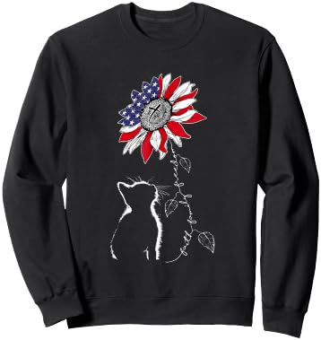 Women Cat Sunflower 4th of July Faith Freedom Patriotic Sweatshirt - Sweatshirt | Black