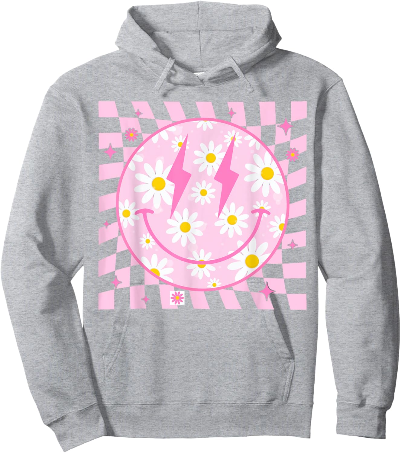 Retro Happy Smile Face Checkered Pattern Pink Daisy Flower Hoodie - Hoodie | Ash