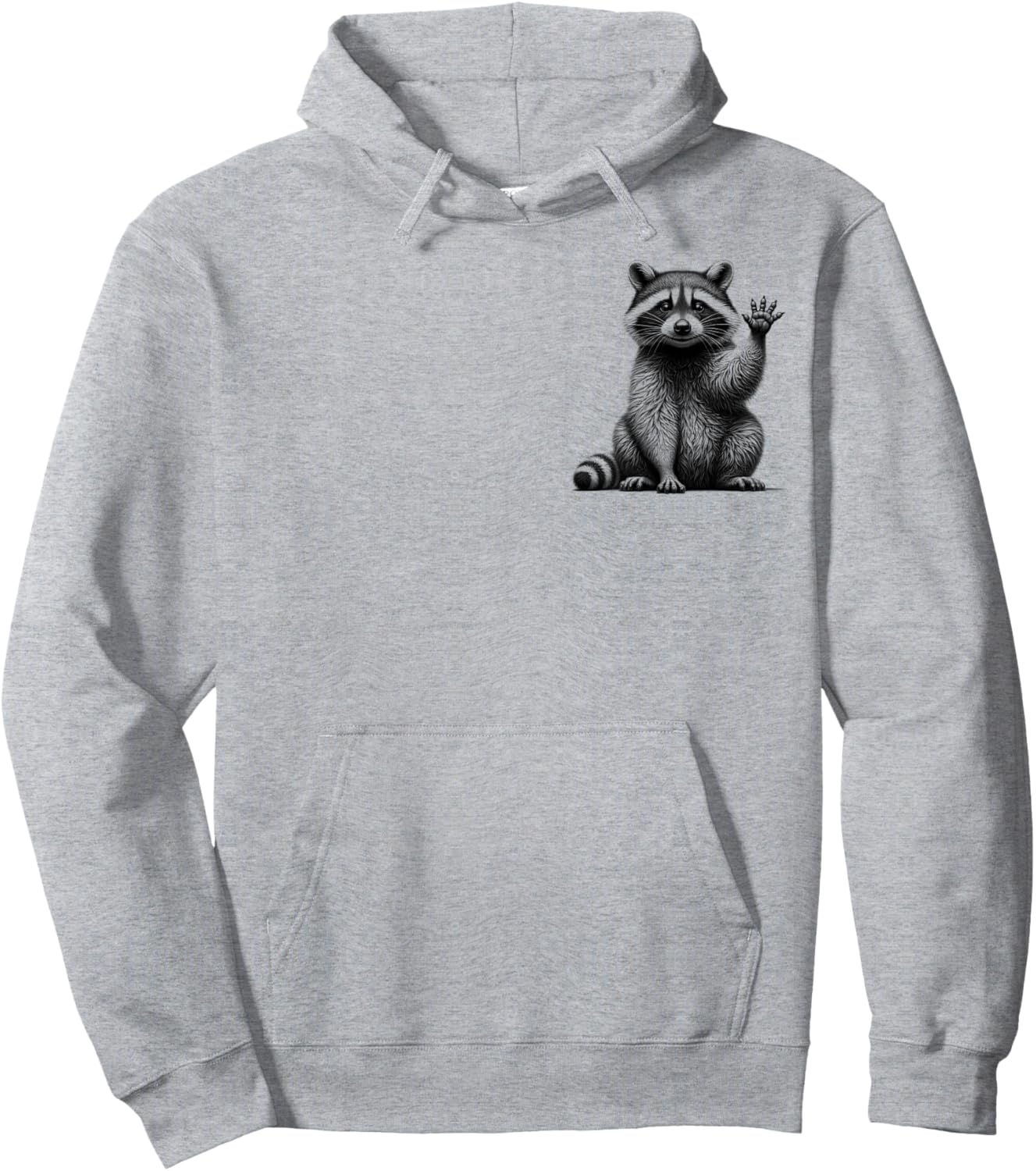 Cute Waving Raccoon in Drawing Style on Chest Hoodie - Hoodie | Ash