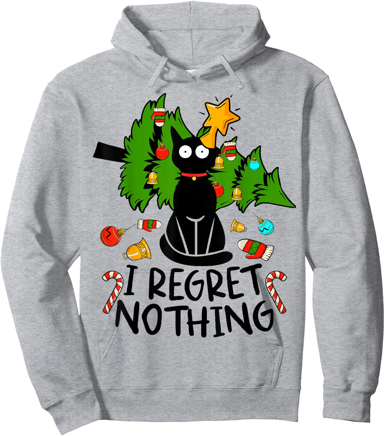 I Regret Nothing, Cat Christmas Tree Funny Black Cat Graphic Hoodie - Hoodie | Ash