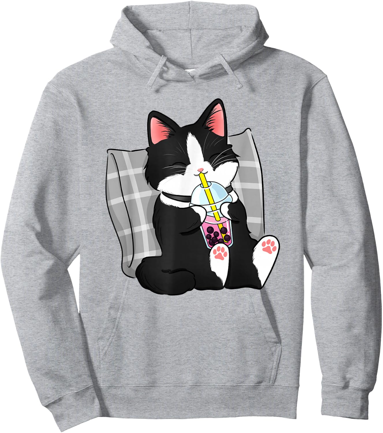 Tuxedo Cat Illustration Drinking Boba Milk Tea Design Hoodie - Hoodie | Ash