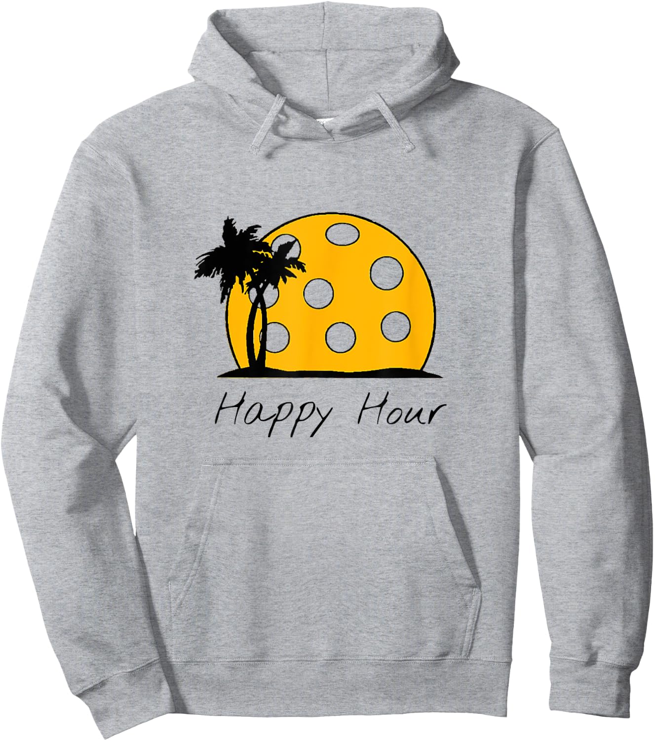 Fun Pickleball Shirts, HAPPY HOUR w/ huge Pickleball sunset Hoodie - Hoodie | Ash