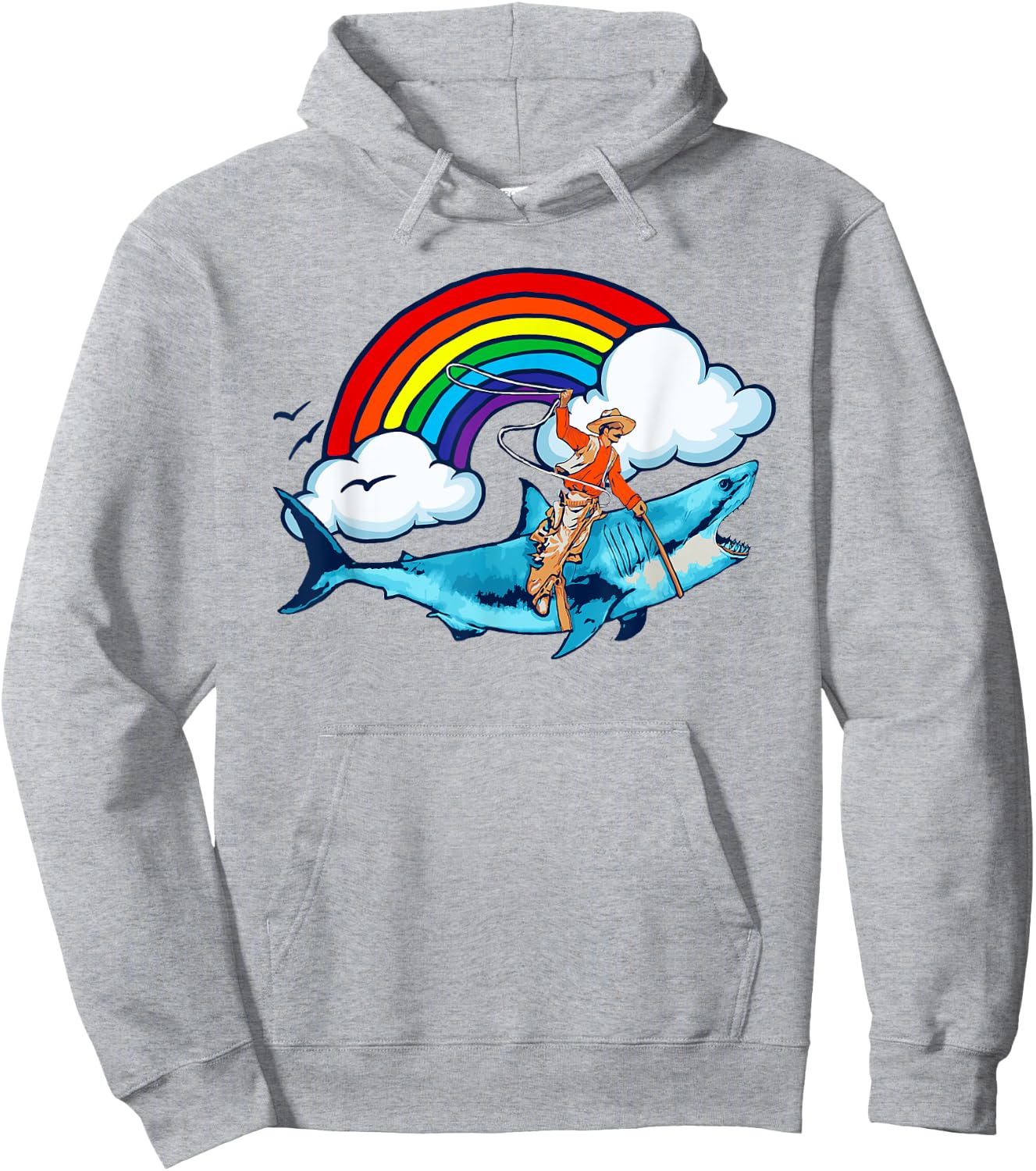 Shark Lover Rodeo Cowboy Riding Great White Rainbow Funny Hoodie - Hoodie | Ash