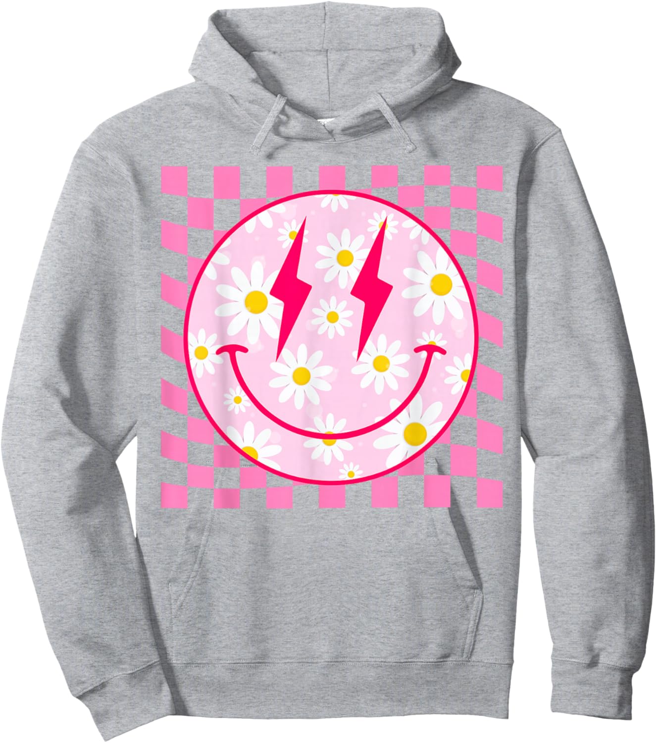 Retro Happy Smile Face Pink Daisy Flower Checkered Pattern Hoodie - Hoodie | Ash