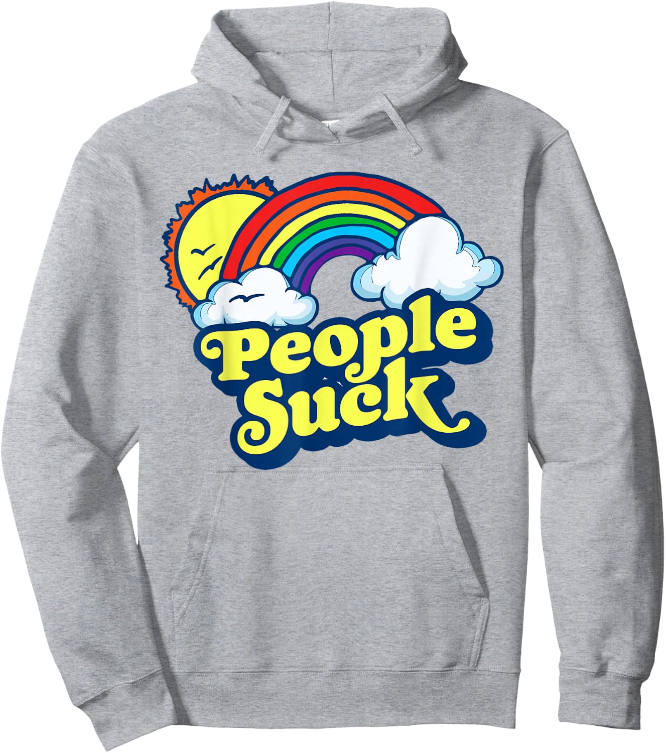 People Suck Funny 80s Clouds & Rainbow Introvert Graphic Hoodie - Hoodie | Ash