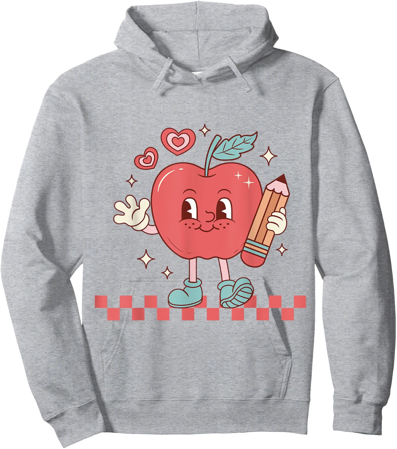 Cute Retro Checkered Apple with Face Teacher Pencil Trendy Hoodie - Hoodie | Ash