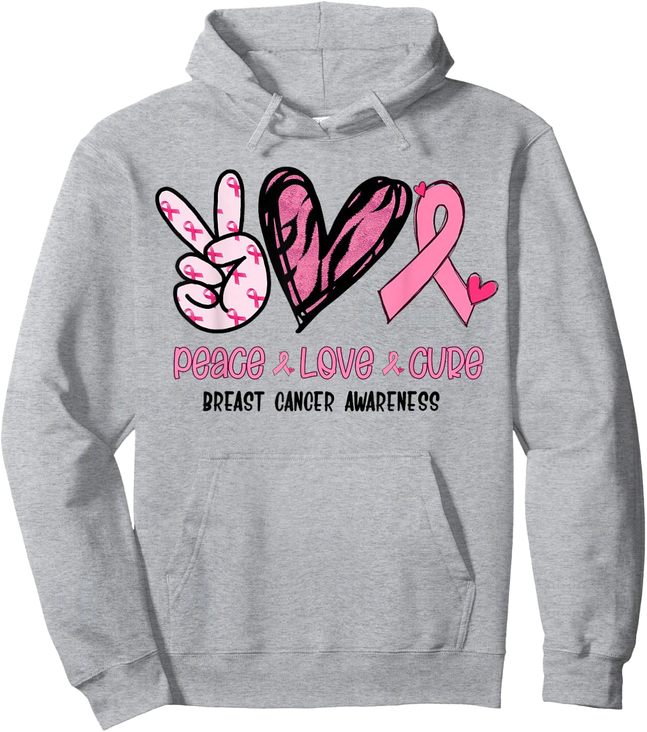 Breast Cancer Peace Love Cure In October We Wear Pink Ribbon Hoodie - Hoodie | Ash