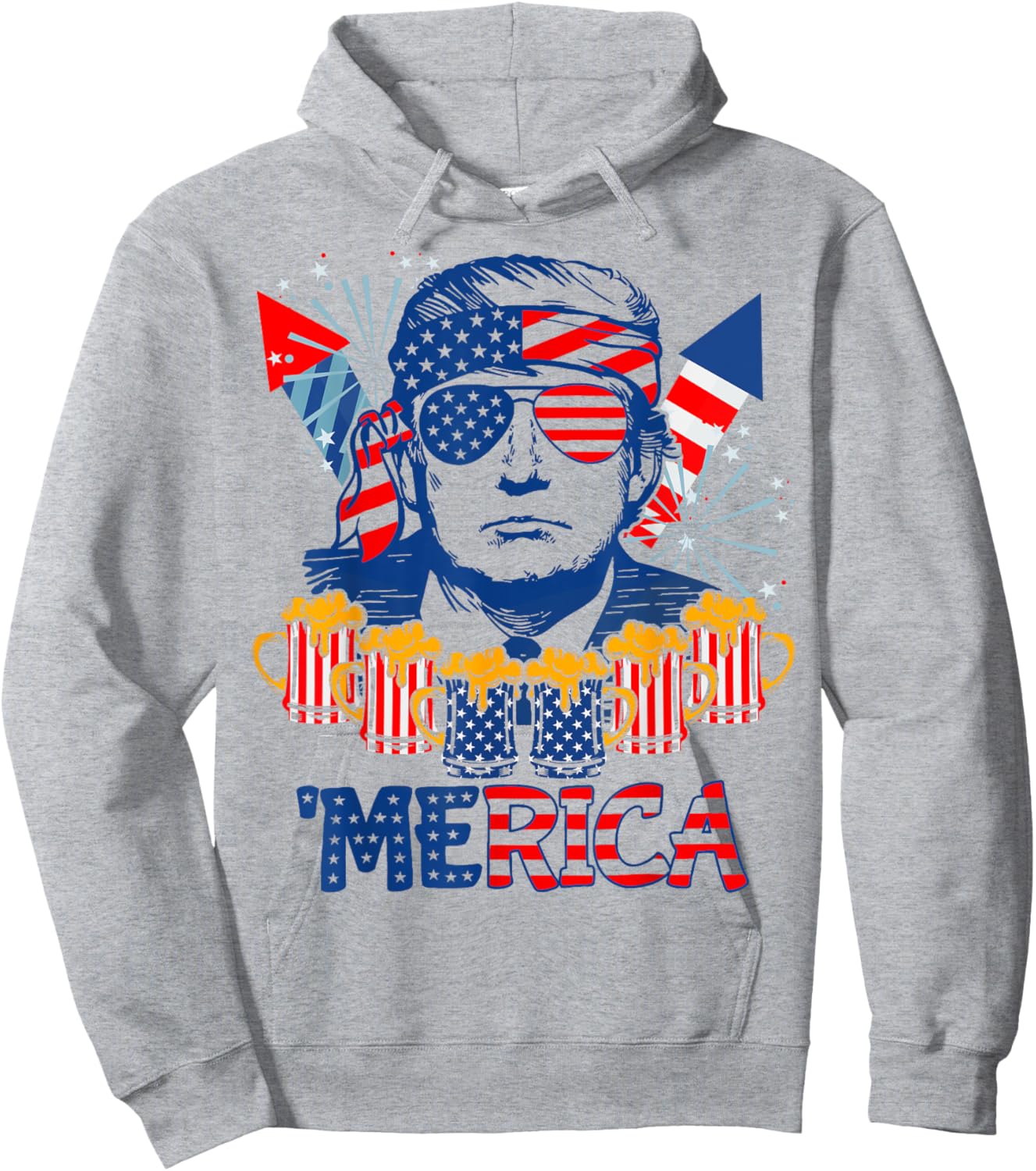 'MERICA TRUMP Drink Beer 4th Of July American Flag Fireworks Men Hoodie - Hoodie | Ash