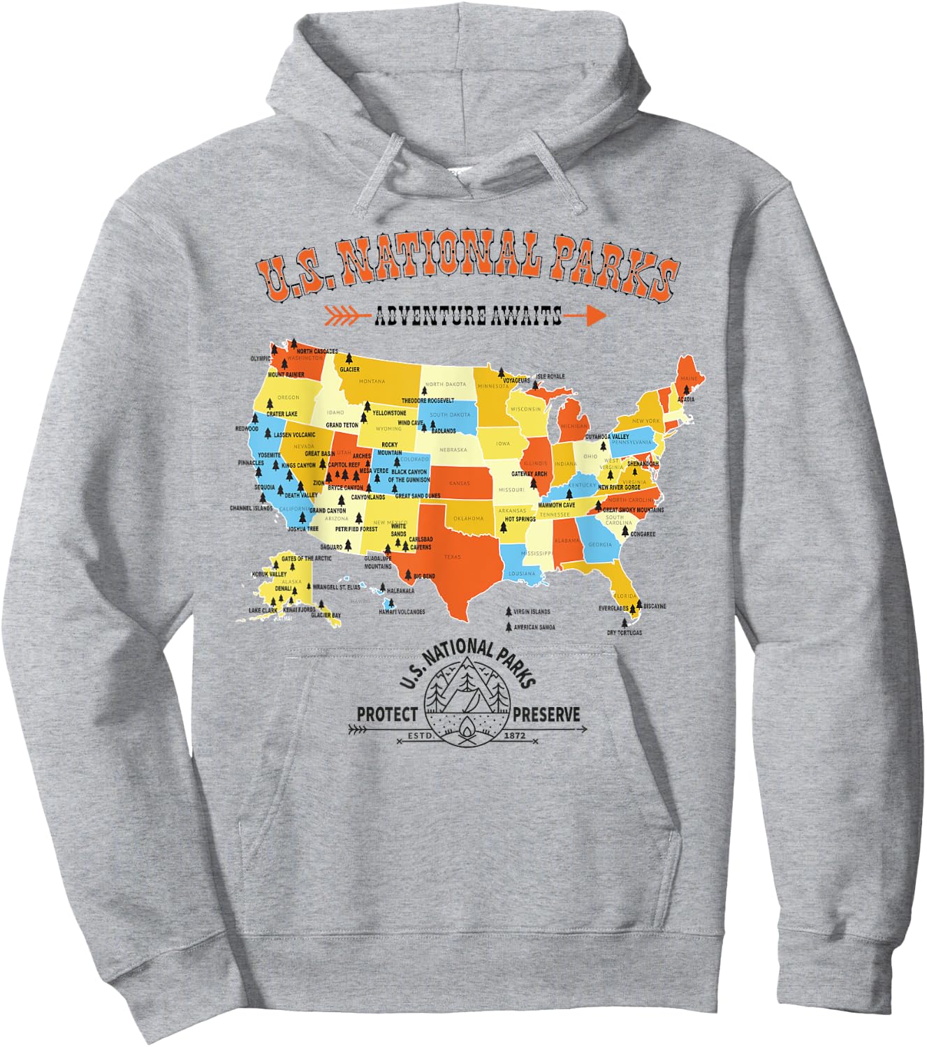 U.S. National Park Hiking Map - All 63 US National Parks Map Hoodie - Hoodie | Ash