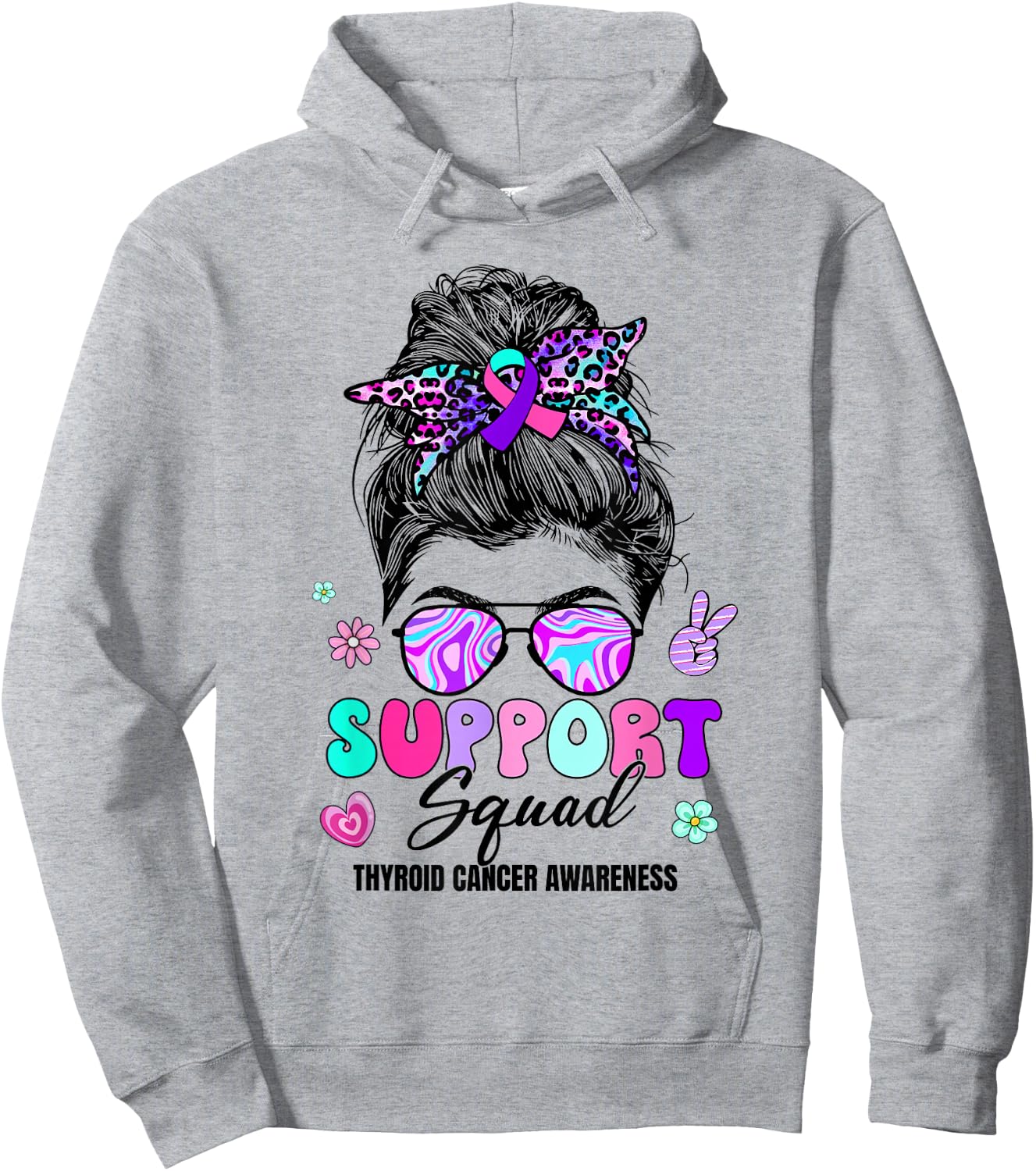 Support Squad Messy Bun Thyroid Cancer Awareness Groovy Hoodie - Hoodie | Ash