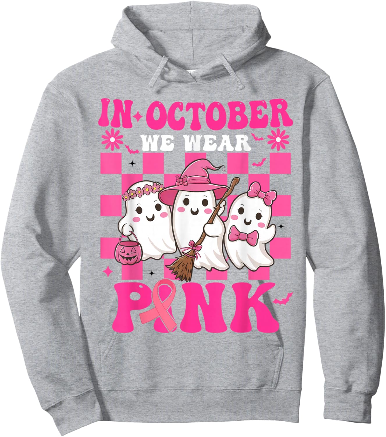 Groovy Wear Pink Breast Cancer Warrior Cute Ghost Halloween Hoodie - Hoodie | Ash