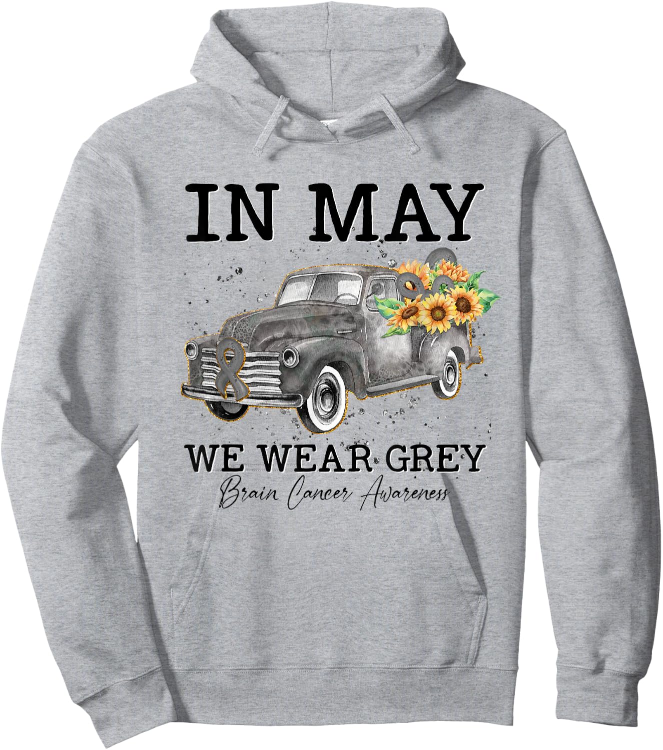 In May We Wear Gray Floral Truck Brain Cancer Awareness Hoodie - Hoodie | Ash